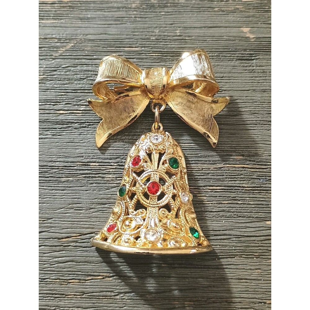 Avante Christmas Bell Red Green White Rhinestone Gold Tone Vintage Brooch